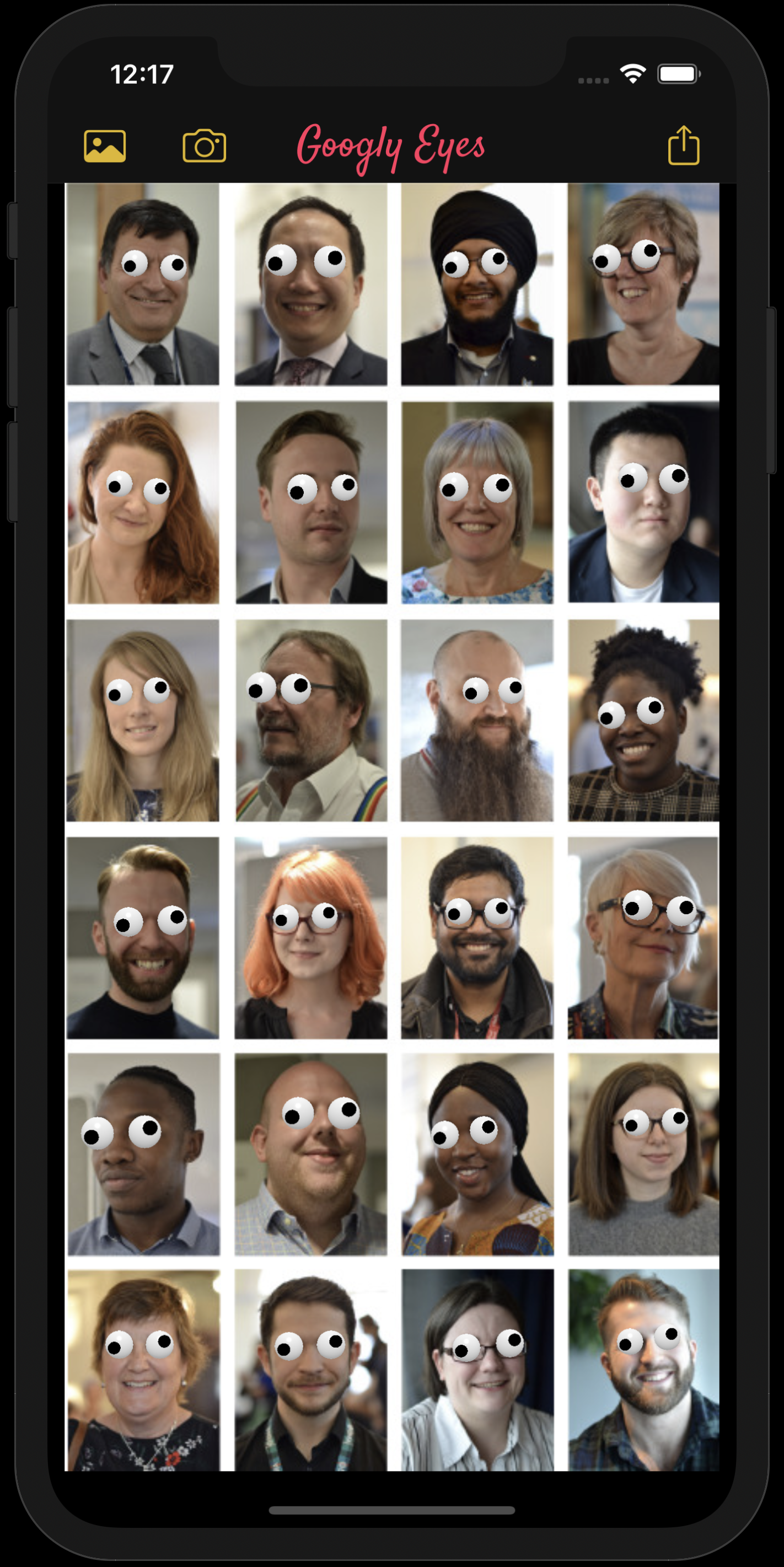 Googly Eyes app with cartoon eyes added to a gallery of faces